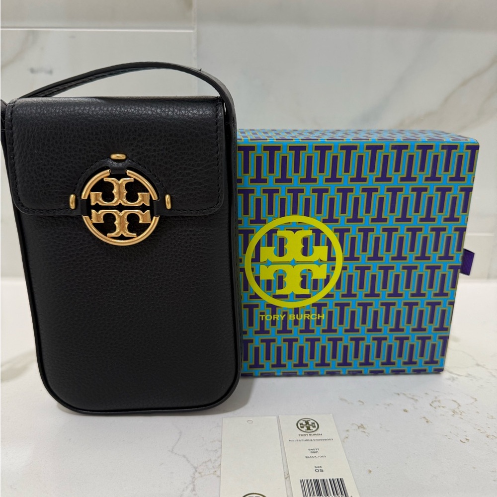 Tory Burch Black Leather Phone Crossbody with Gold Emblem